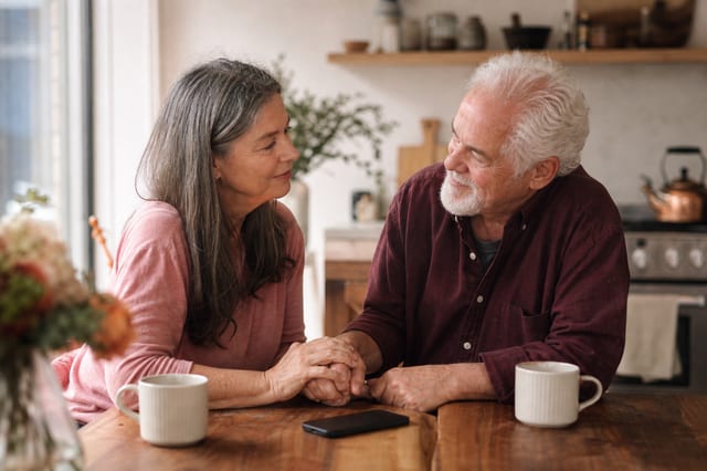 An older couple holding hands while listening to a song together at home