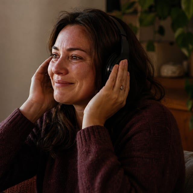 A woman listening to a personal song through headphones at home