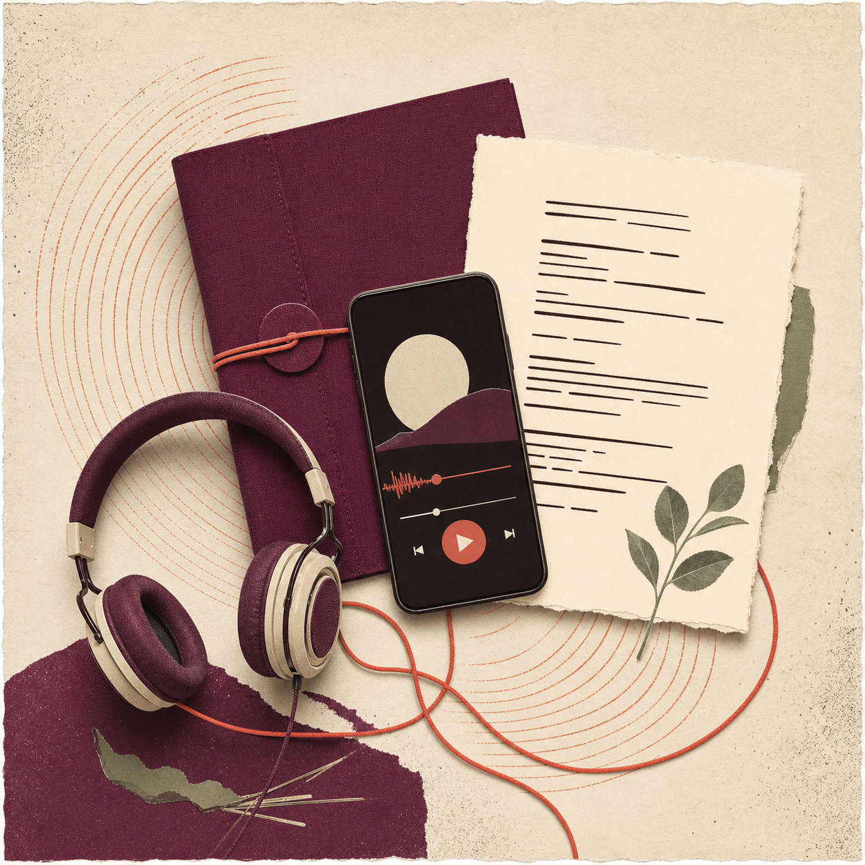 An illustrated phone playing a song beside headphones and a printable lyric sheet